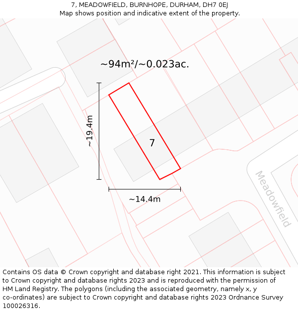 7, MEADOWFIELD, BURNHOPE, DURHAM, DH7 0EJ: Plot and title map