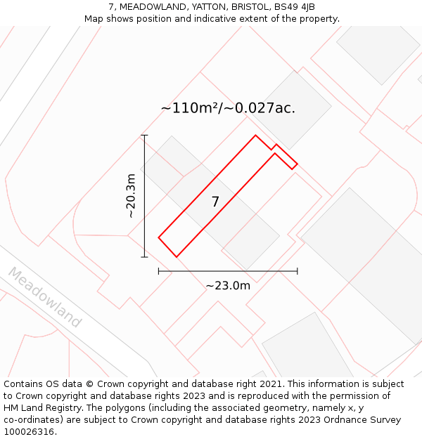 7, MEADOWLAND, YATTON, BRISTOL, BS49 4JB: Plot and title map