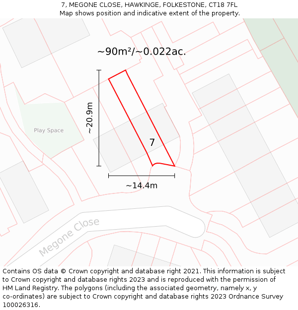 7, MEGONE CLOSE, HAWKINGE, FOLKESTONE, CT18 7FL: Plot and title map