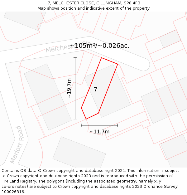 7, MELCHESTER CLOSE, GILLINGHAM, SP8 4FB: Plot and title map