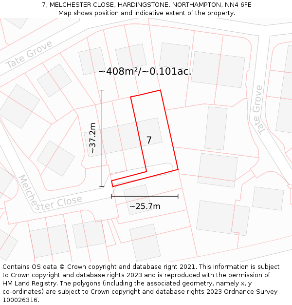 7, MELCHESTER CLOSE, HARDINGSTONE, NORTHAMPTON, NN4 6FE: Plot and title map