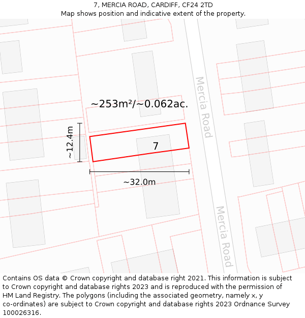 7, MERCIA ROAD, CARDIFF, CF24 2TD: Plot and title map