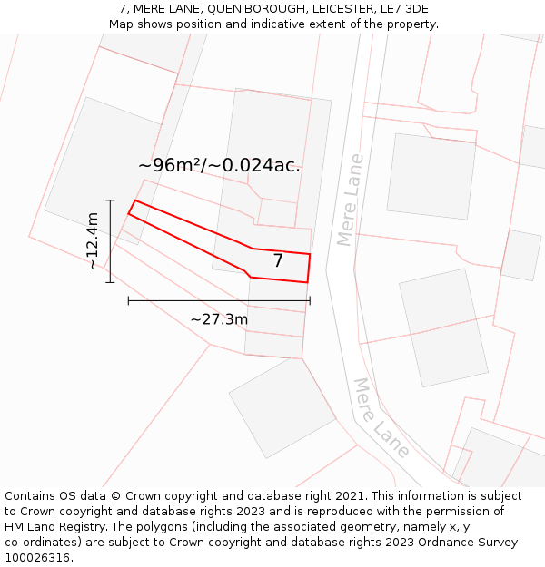 7, MERE LANE, QUENIBOROUGH, LEICESTER, LE7 3DE: Plot and title map