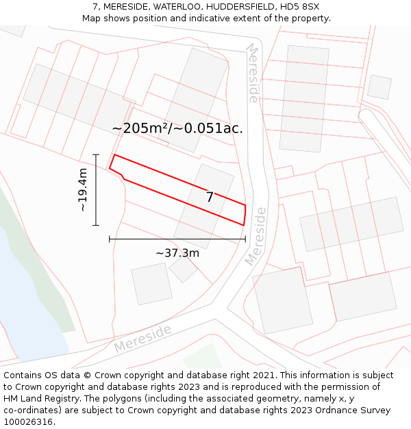 7, MERESIDE, WATERLOO, HUDDERSFIELD, HD5 8SX: Plot and title map