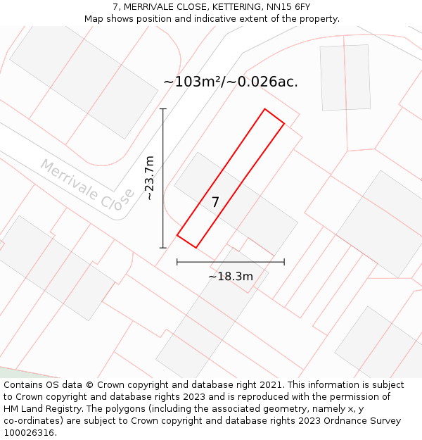 7, MERRIVALE CLOSE, KETTERING, NN15 6FY: Plot and title map