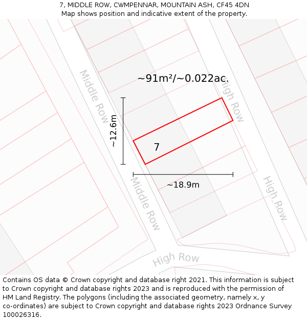 7, MIDDLE ROW, CWMPENNAR, MOUNTAIN ASH, CF45 4DN: Plot and title map