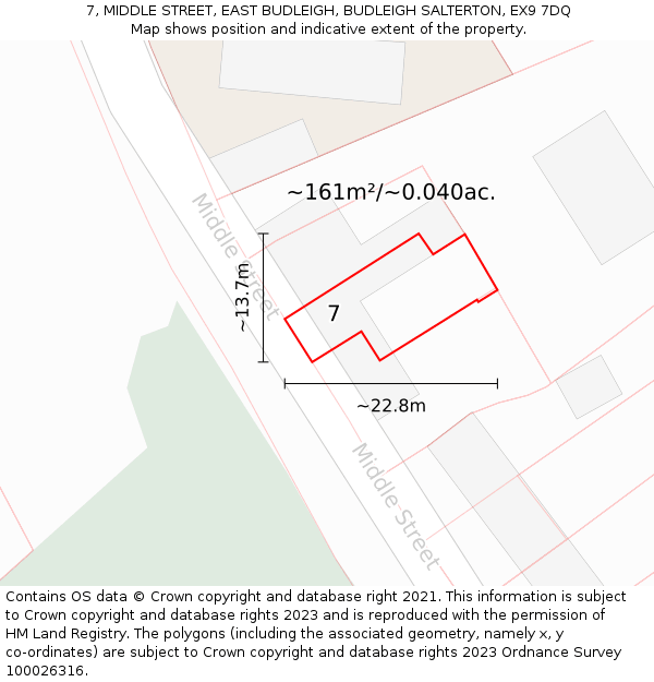 7, MIDDLE STREET, EAST BUDLEIGH, BUDLEIGH SALTERTON, EX9 7DQ: Plot and title map