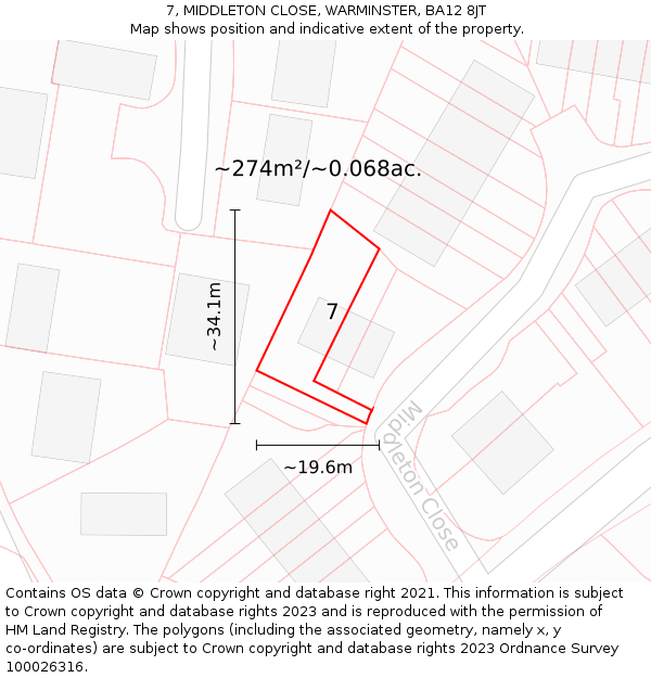 7, MIDDLETON CLOSE, WARMINSTER, BA12 8JT: Plot and title map