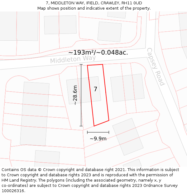 7, MIDDLETON WAY, IFIELD, CRAWLEY, RH11 0UD: Plot and title map