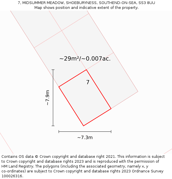 7, MIDSUMMER MEADOW, SHOEBURYNESS, SOUTHEND-ON-SEA, SS3 8UU: Plot and title map