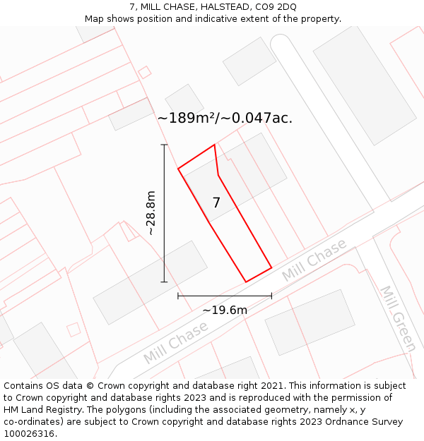 7, MILL CHASE, HALSTEAD, CO9 2DQ: Plot and title map