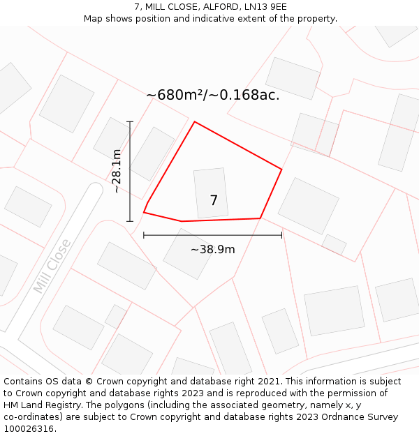 7, MILL CLOSE, ALFORD, LN13 9EE: Plot and title map