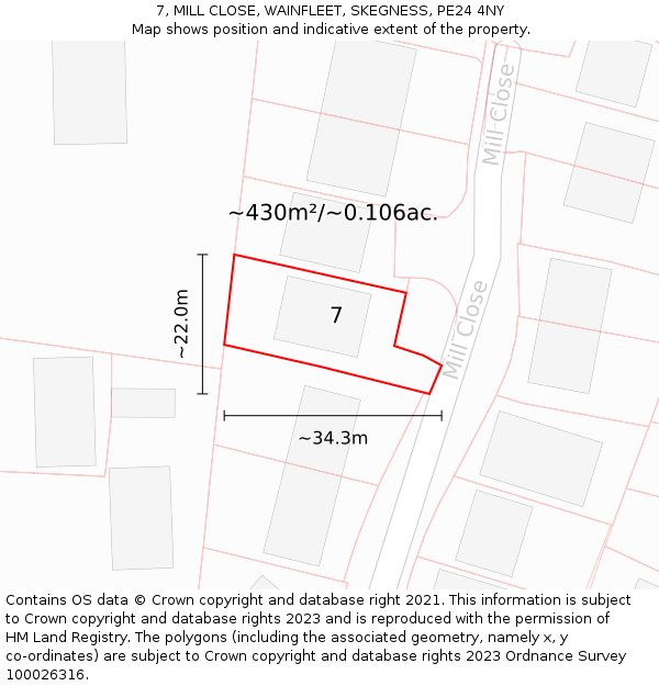 7, MILL CLOSE, WAINFLEET, SKEGNESS, PE24 4NY: Plot and title map