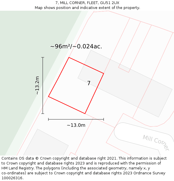 7, MILL CORNER, FLEET, GU51 2UX: Plot and title map