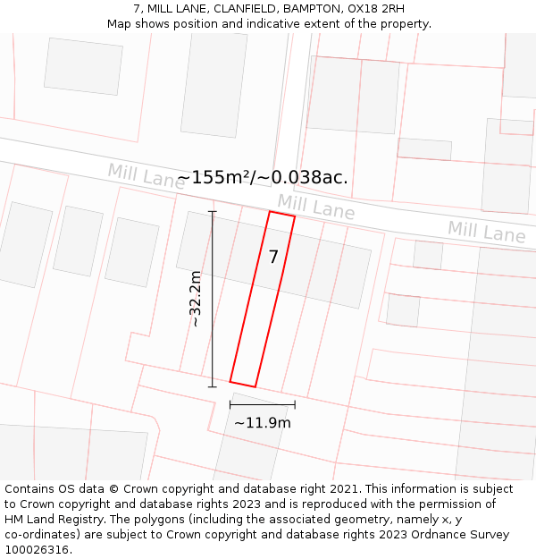 7, MILL LANE, CLANFIELD, BAMPTON, OX18 2RH: Plot and title map