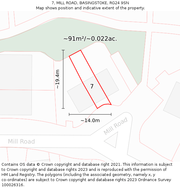 7, MILL ROAD, BASINGSTOKE, RG24 9SN: Plot and title map