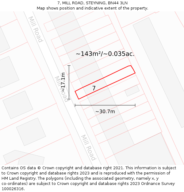 7, MILL ROAD, STEYNING, BN44 3LN: Plot and title map
