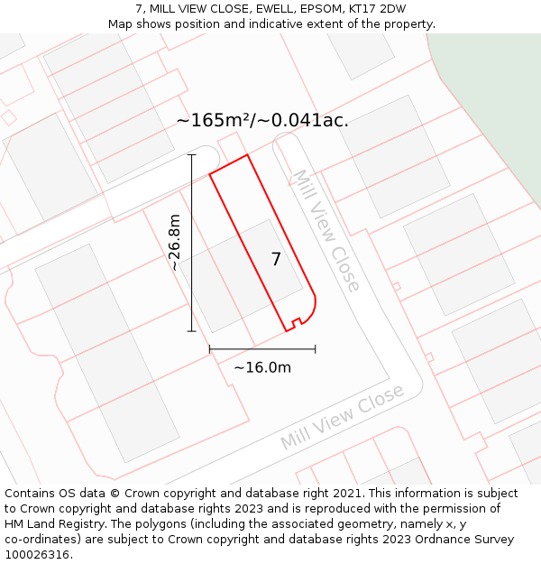 7, MILL VIEW CLOSE, EWELL, EPSOM, KT17 2DW: Plot and title map