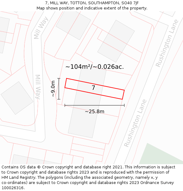 7, MILL WAY, TOTTON, SOUTHAMPTON, SO40 7JF: Plot and title map