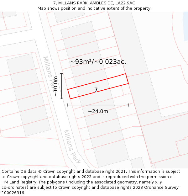7, MILLANS PARK, AMBLESIDE, LA22 9AG: Plot and title map