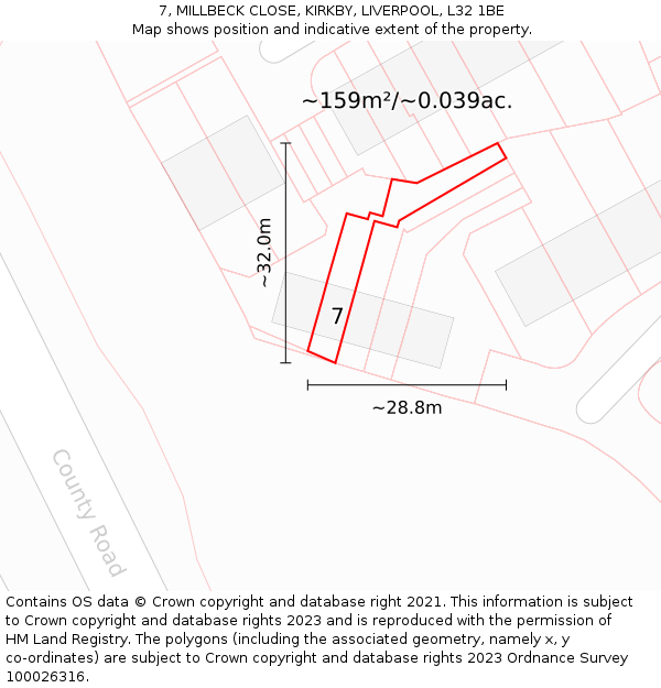 7, MILLBECK CLOSE, KIRKBY, LIVERPOOL, L32 1BE: Plot and title map