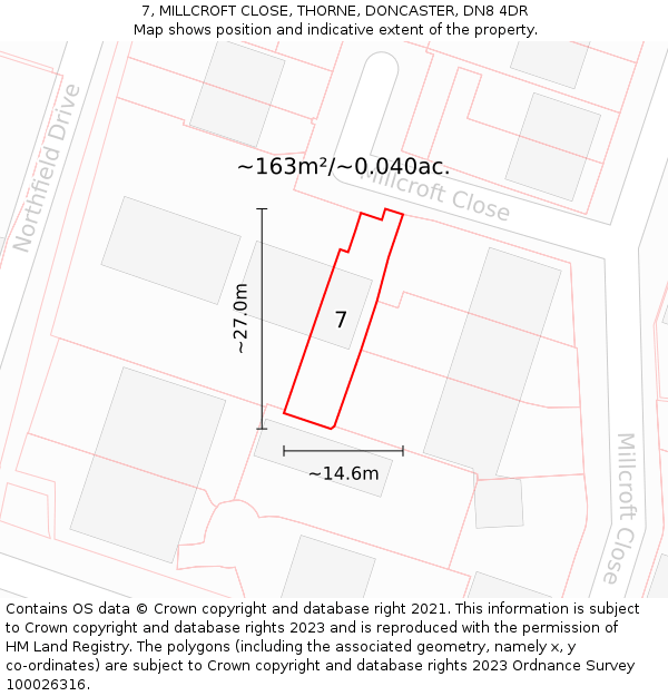 7, MILLCROFT CLOSE, THORNE, DONCASTER, DN8 4DR: Plot and title map