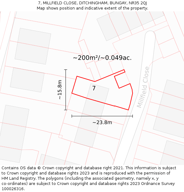 7, MILLFIELD CLOSE, DITCHINGHAM, BUNGAY, NR35 2QJ: Plot and title map