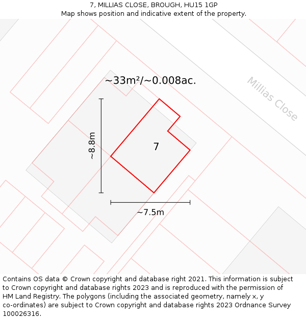 7, MILLIAS CLOSE, BROUGH, HU15 1GP: Plot and title map