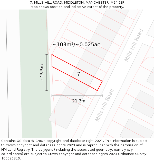 7, MILLS HILL ROAD, MIDDLETON, MANCHESTER, M24 2EF: Plot and title map