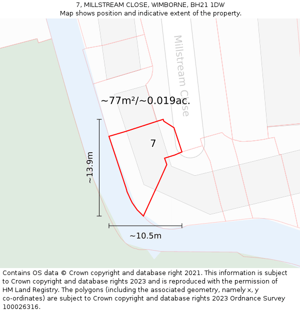 7, MILLSTREAM CLOSE, WIMBORNE, BH21 1DW: Plot and title map