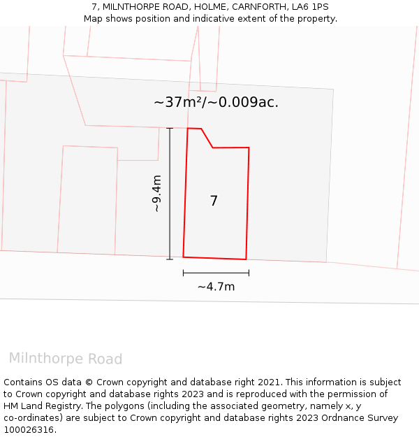 7, MILNTHORPE ROAD, HOLME, CARNFORTH, LA6 1PS: Plot and title map