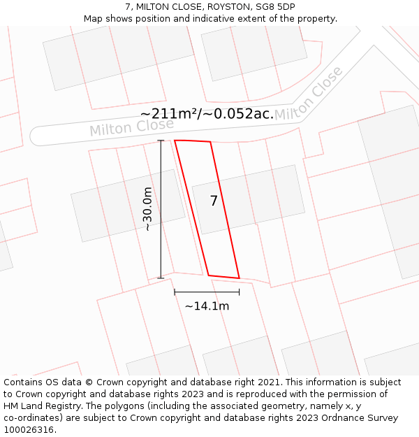 7, MILTON CLOSE, ROYSTON, SG8 5DP: Plot and title map