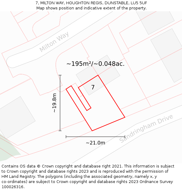 7, MILTON WAY, HOUGHTON REGIS, DUNSTABLE, LU5 5UF: Plot and title map