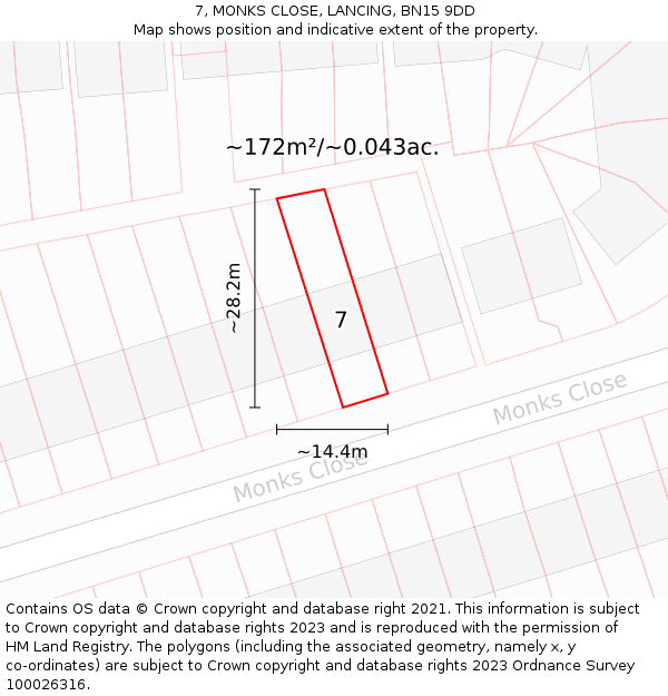 7, MONKS CLOSE, LANCING, BN15 9DD: Plot and title map
