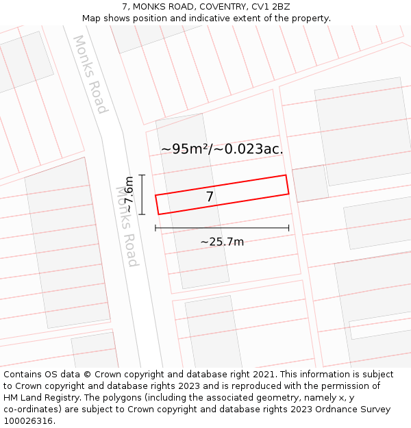 7, MONKS ROAD, COVENTRY, CV1 2BZ: Plot and title map