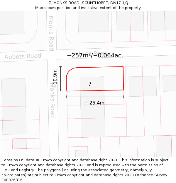 7, MONKS ROAD, SCUNTHORPE, DN17 1JQ: Plot and title map