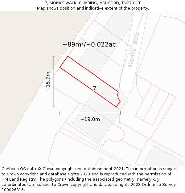7, MONKS WALK, CHARING, ASHFORD, TN27 0HT: Plot and title map