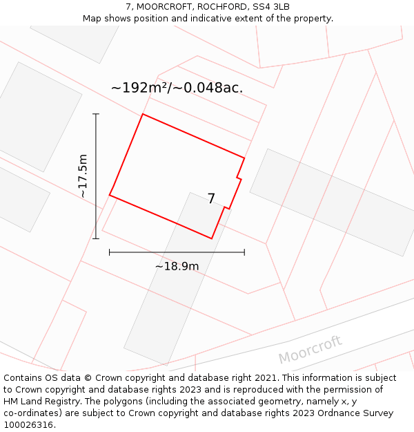 7, MOORCROFT, ROCHFORD, SS4 3LB: Plot and title map