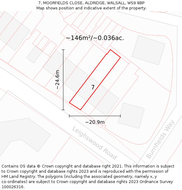7, MOORFIELDS CLOSE, ALDRIDGE, WALSALL, WS9 8BP: Plot and title map