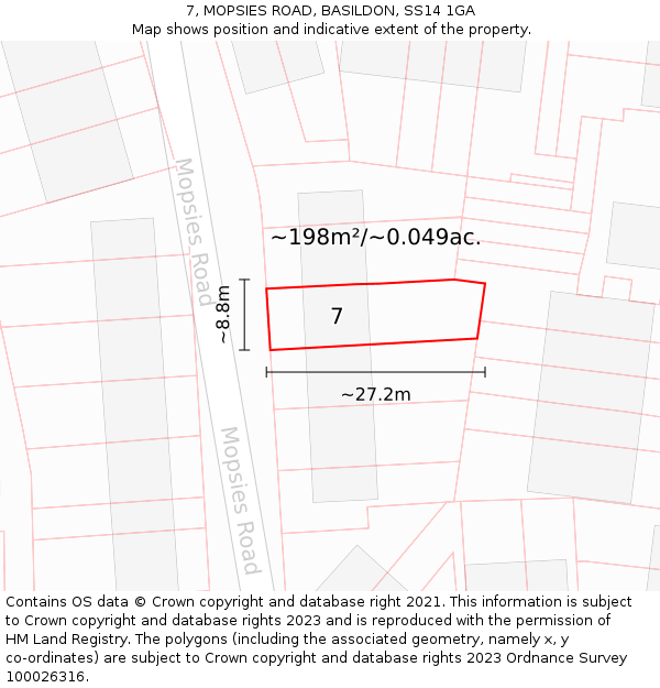 7, MOPSIES ROAD, BASILDON, SS14 1GA: Plot and title map