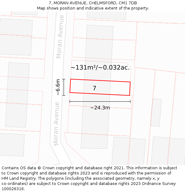 7, MORAN AVENUE, CHELMSFORD, CM1 7DB: Plot and title map