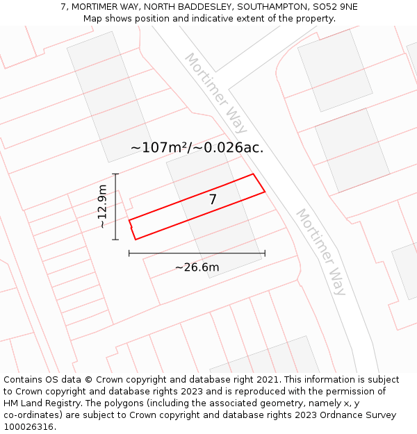 7, MORTIMER WAY, NORTH BADDESLEY, SOUTHAMPTON, SO52 9NE: Plot and title map