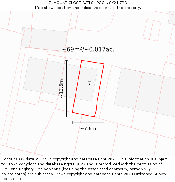 7, MOUNT CLOSE, WELSHPOOL, SY21 7PD: Plot and title map