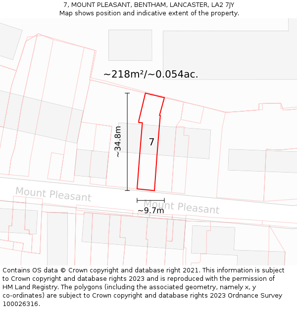 7, MOUNT PLEASANT, BENTHAM, LANCASTER, LA2 7JY: Plot and title map
