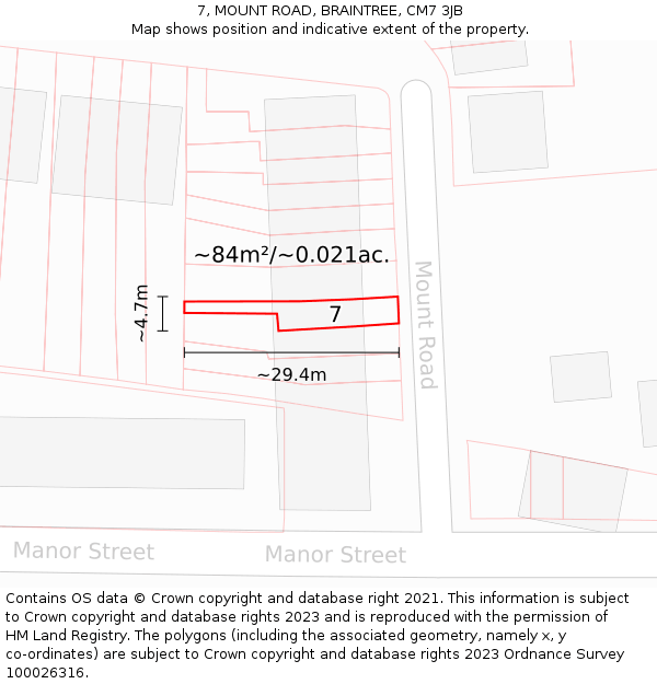 7, MOUNT ROAD, BRAINTREE, CM7 3JB: Plot and title map