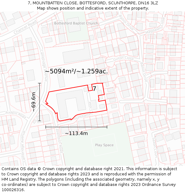 7, MOUNTBATTEN CLOSE, BOTTESFORD, SCUNTHORPE, DN16 3LZ: Plot and title map