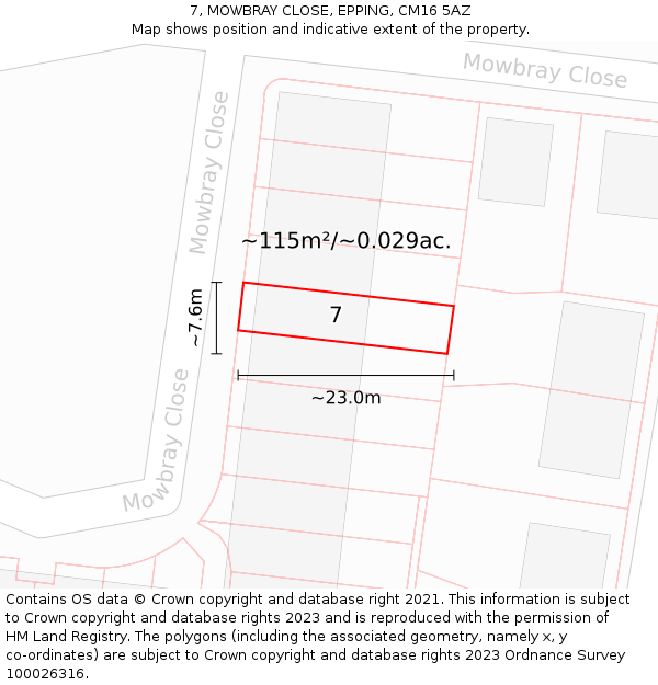 7, MOWBRAY CLOSE, EPPING, CM16 5AZ: Plot and title map