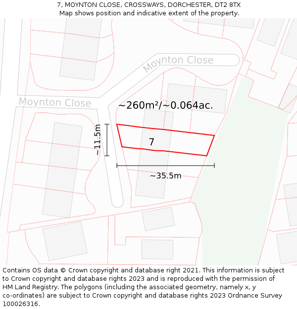 7, MOYNTON CLOSE, CROSSWAYS, DORCHESTER, DT2 8TX: Plot and title map