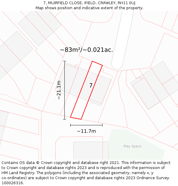 7, MUIRFIELD CLOSE, IFIELD, CRAWLEY, RH11 0UJ: Plot and title map