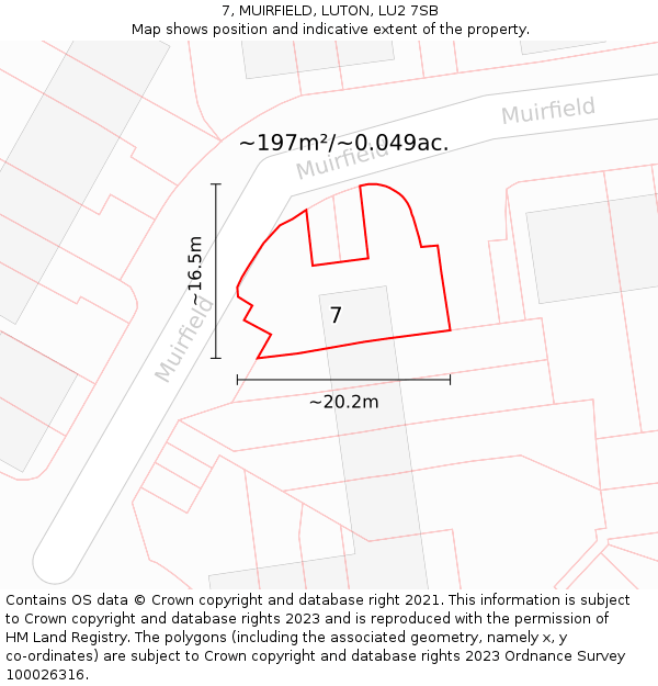 7, MUIRFIELD, LUTON, LU2 7SB: Plot and title map